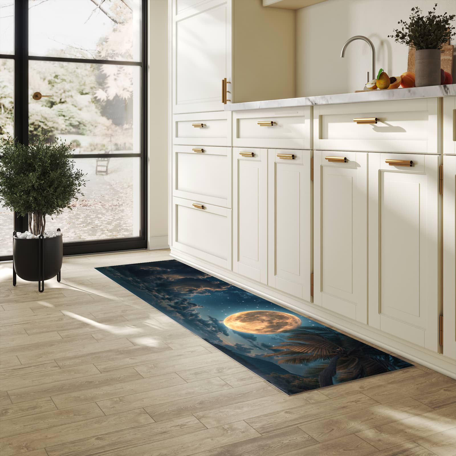 Abriebfester Küchenteppich mit Motiv Mondnacht am Strand in heller Küche