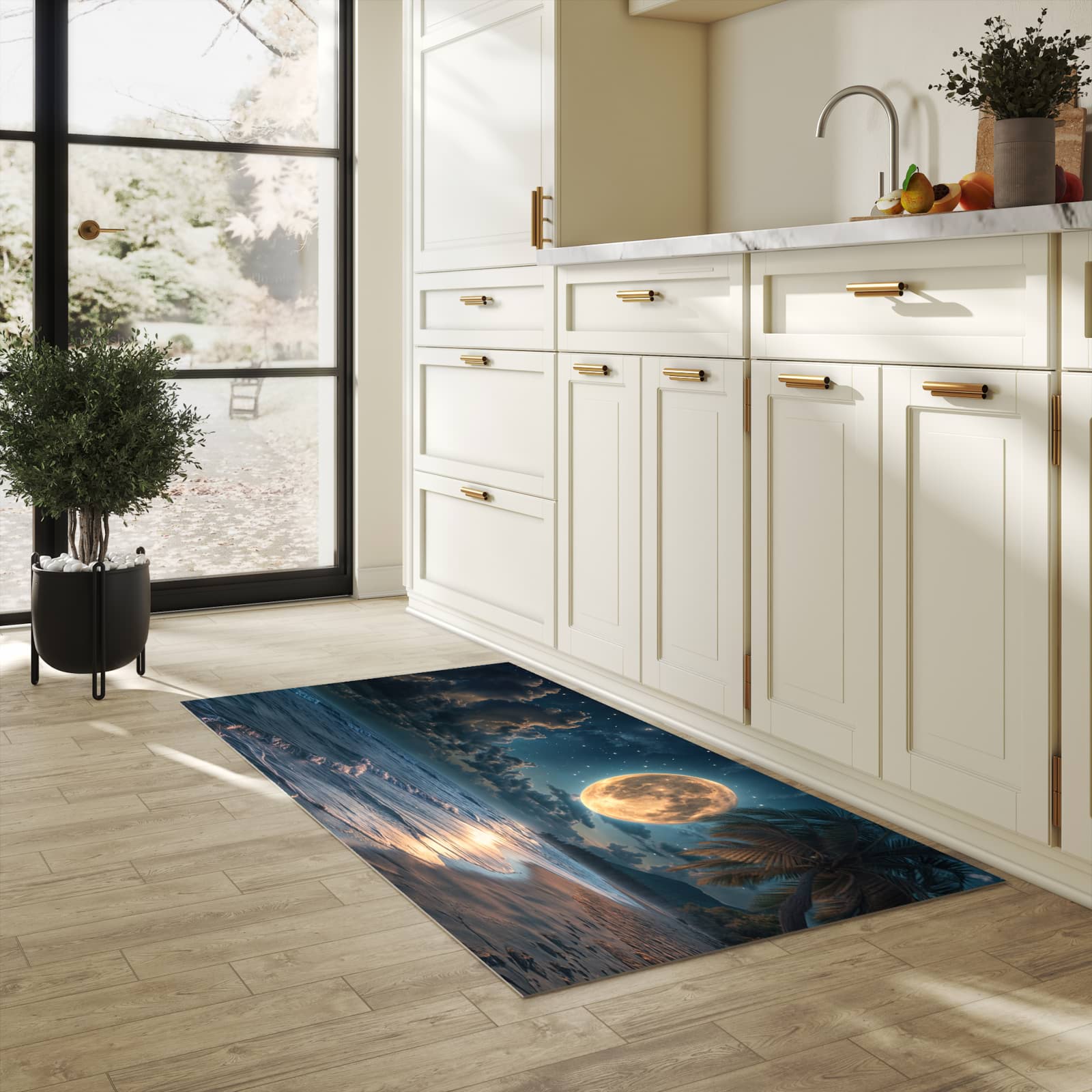 Flacher rutschfester Küchenläufer mit Motiv Mondnacht am Strand in heller Küche