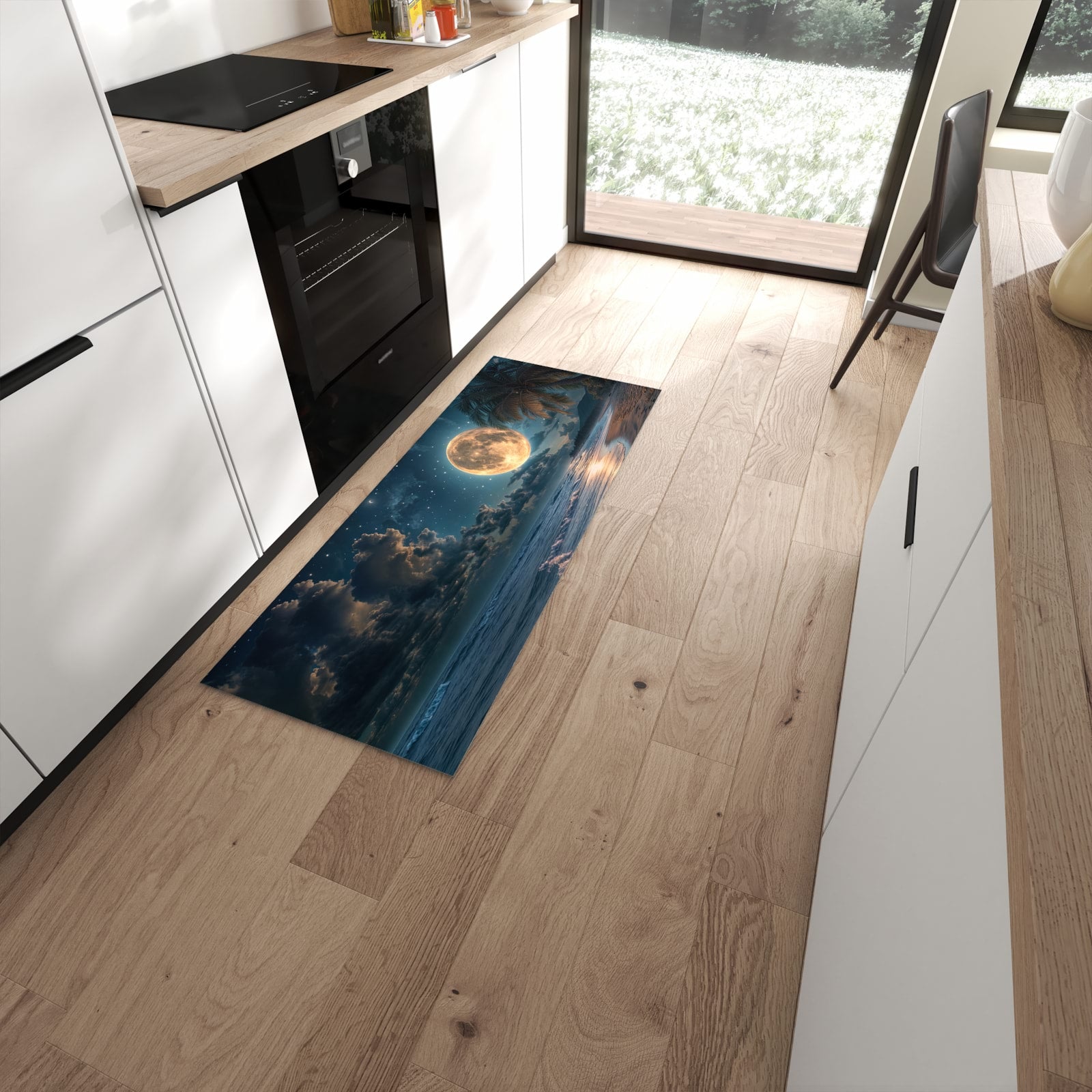 Pflegeleichter Teppich für die Küche mit Motiv Mondnacht am Strand in moderner Küche #grösse_60 x 150 cm
