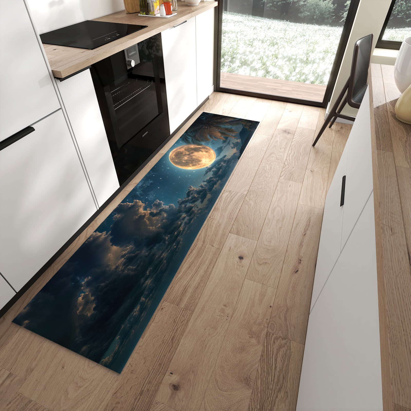 Rutschfester Küchenteppich mit Motiv Mondnacht am Strand in moderner Küche