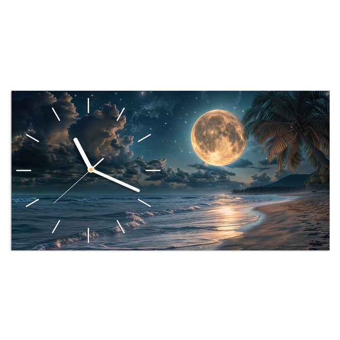Wanduhr Mondnacht am Strand aus Glas – Querformat 60 × 30 cm mit Ziffernblatt Linie