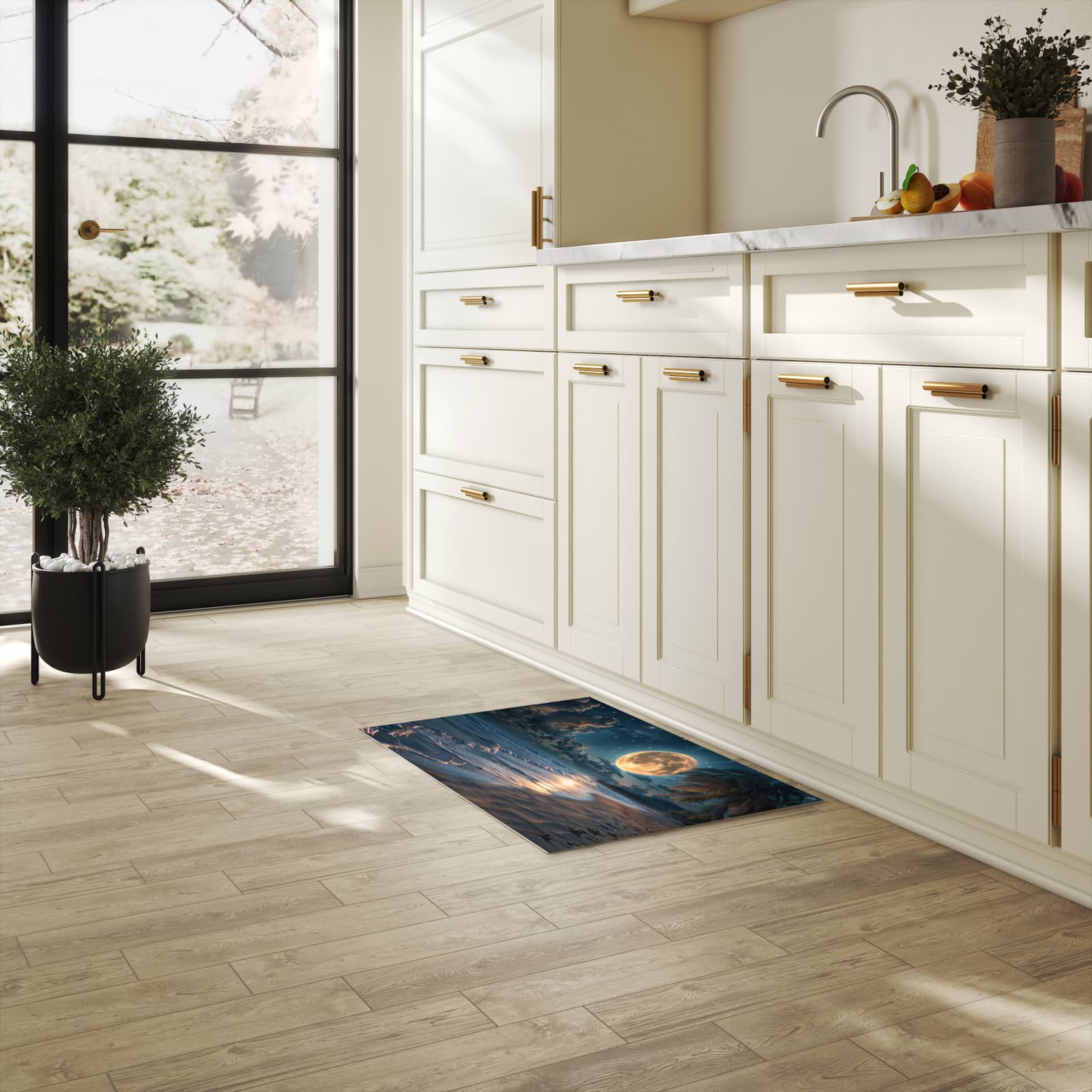 Wasserabweisender Küchenläufer mit Motiv Mondnacht am Strand in heller Küche