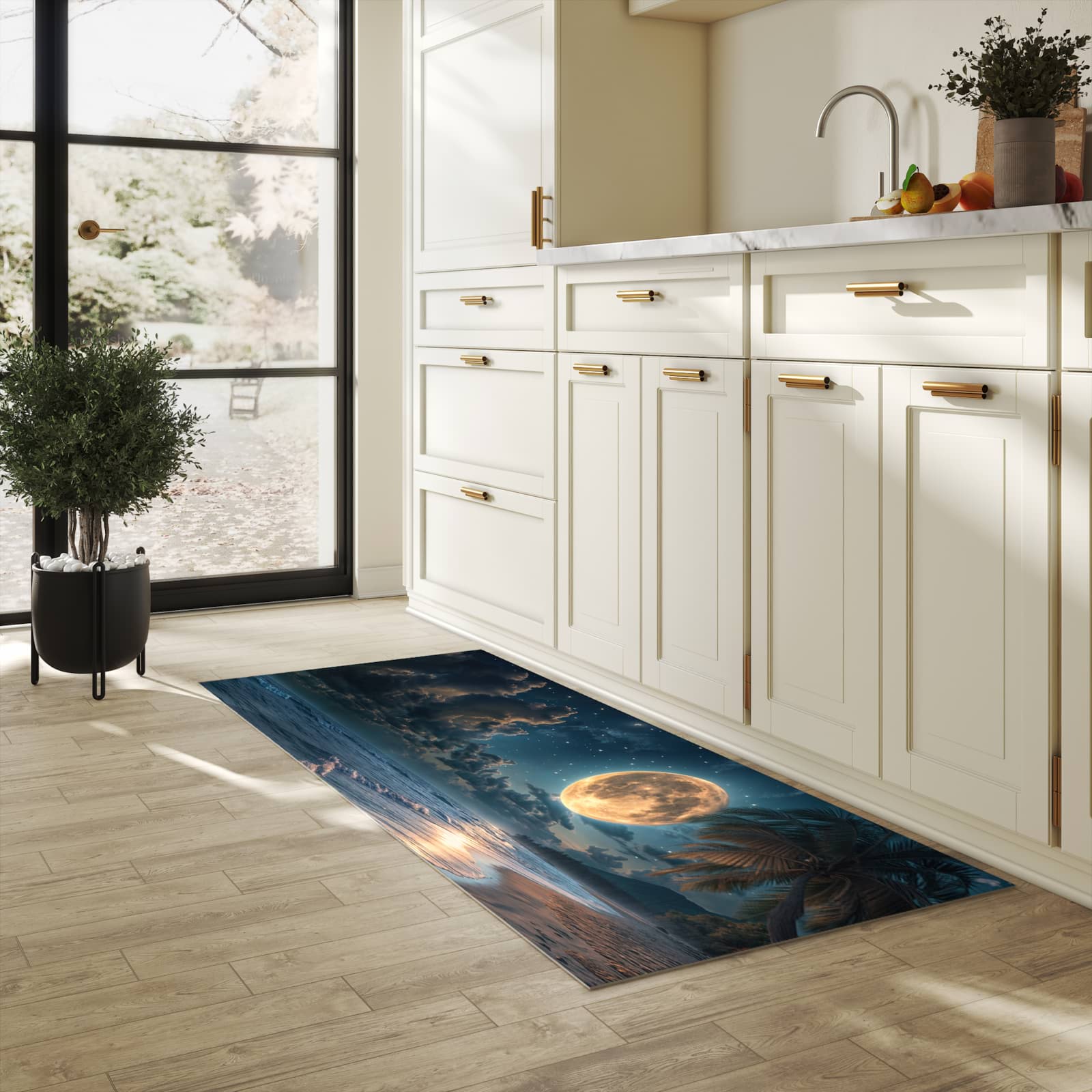 Fleckenresistenter Küchenläufer mit Motiv Mondnacht am Strand in heller Küche