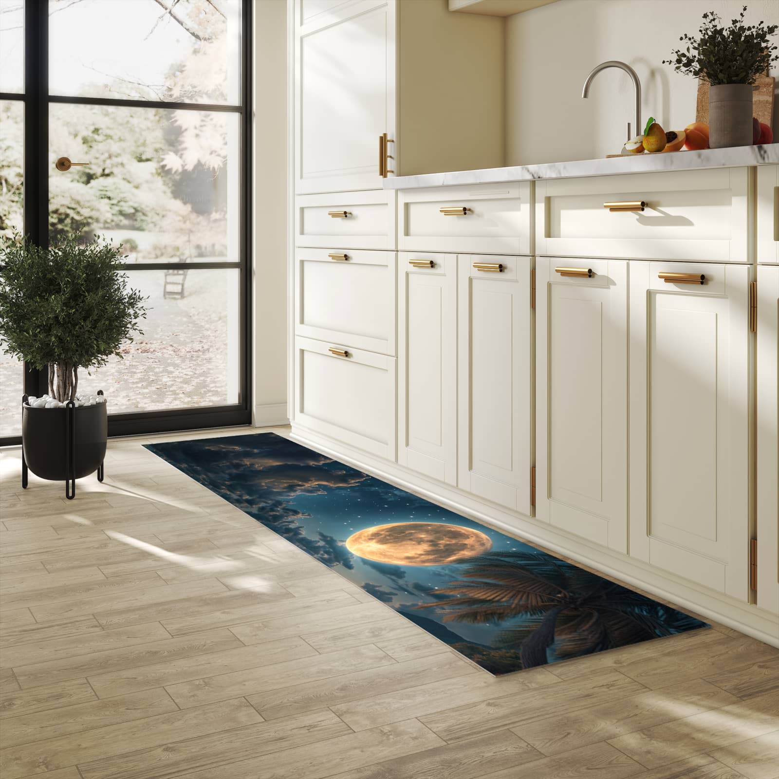 UV-beständiger Küchenläufer mit Motiv Mondnacht am Strand in heller Küche