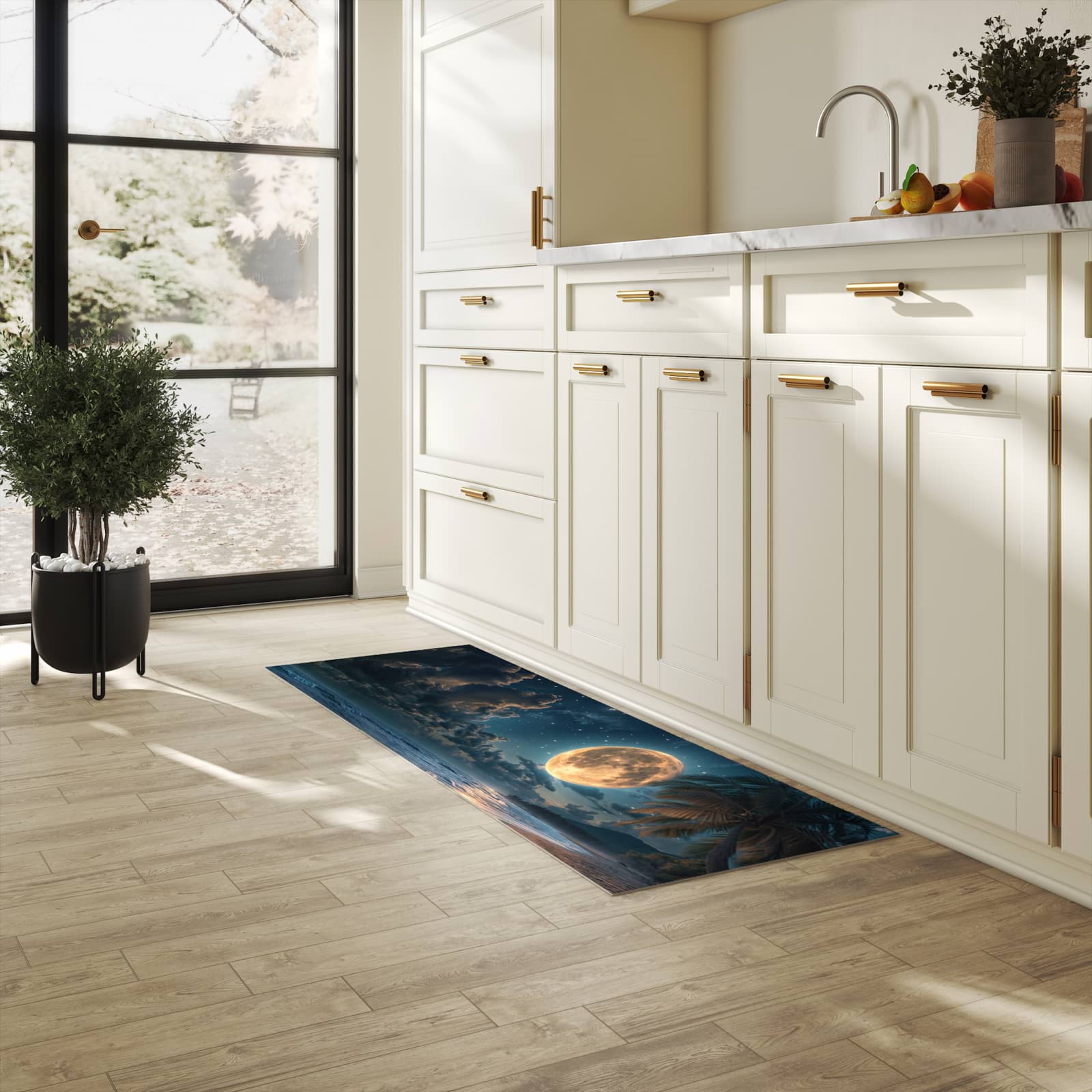 Geräuschdämpfender rutschfester Küchenteppich mit Motiv Mondnacht am Strand in heller Küche