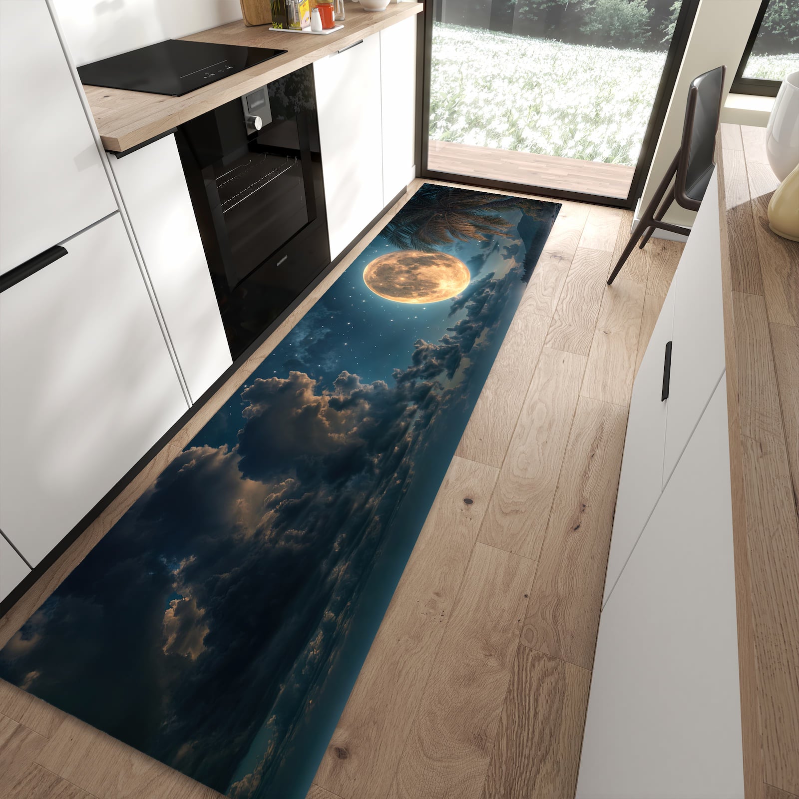 Rutschfester waschbarer Küchenteppich mit Motiv Mondnacht am Strand in moderner Küche