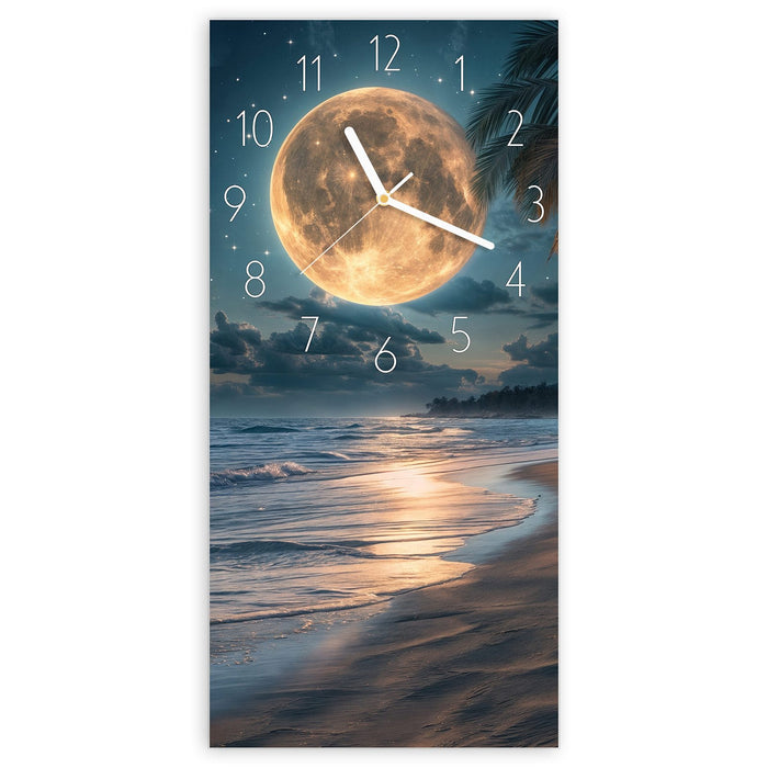 Wanduhr Mondnacht am Strand aus Glas – Hochformat 30 × 60 cm mit Ziffernblatt Elegant