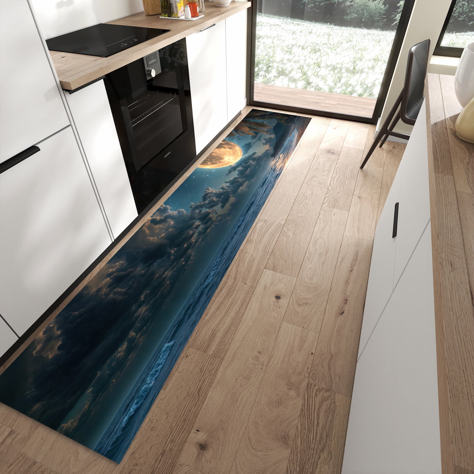 Küchenläufer mit Motiv Mondnacht am Strand für angenehme Haptik in moderner Küche