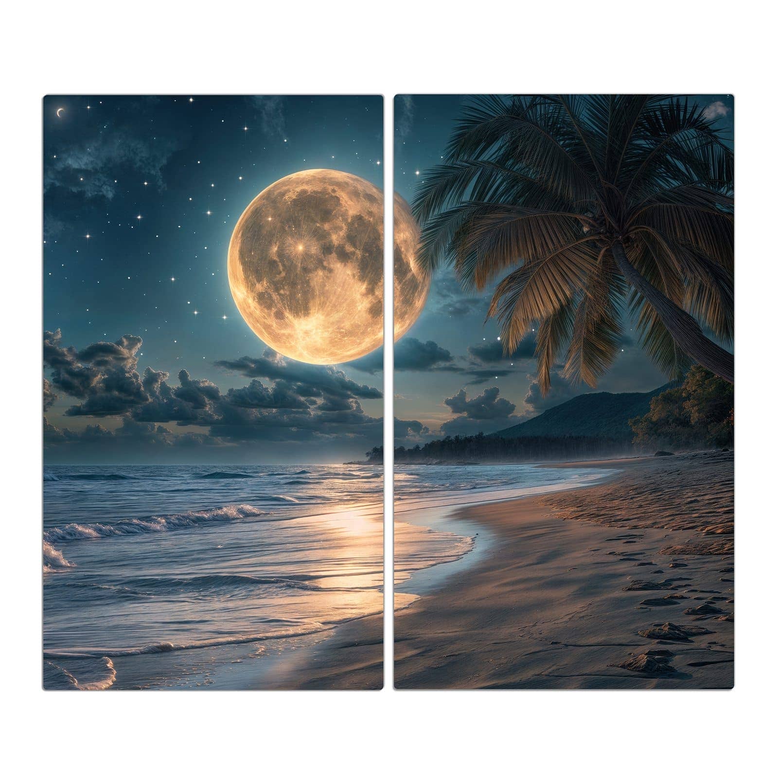 2-teilige Herdabdeckplatten mit Mondnacht am Strand-Motiv in der Frontansicht #grösse_2-Teilig (60x52cm)