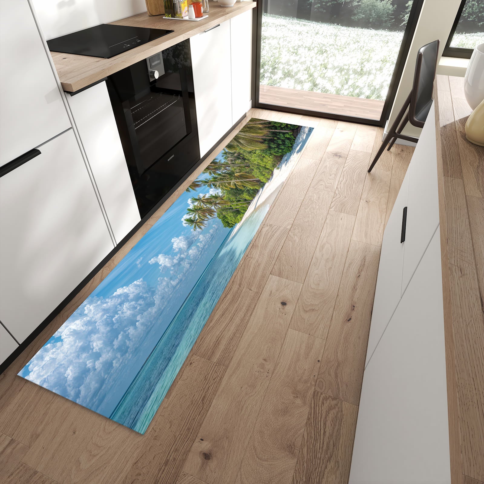 Hygienischer Küchenteppich mit Motiv Strand von Tropischer in moderner Küche - waschbar