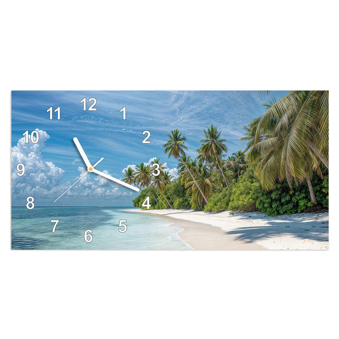 Wanduhr Palmen am Traumstrand aus Glas – Querformat 60 × 30 cm mit Ziffernblatt Modern
