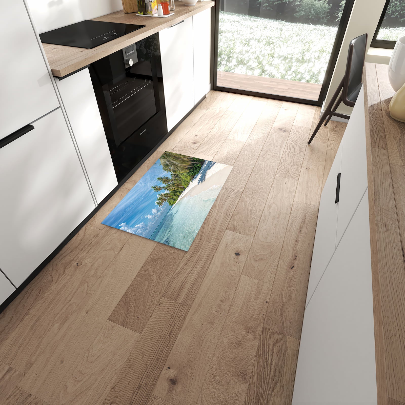 Waschbarer Küchenläufer mit Motiv Strand von Tropischer in moderner Küche