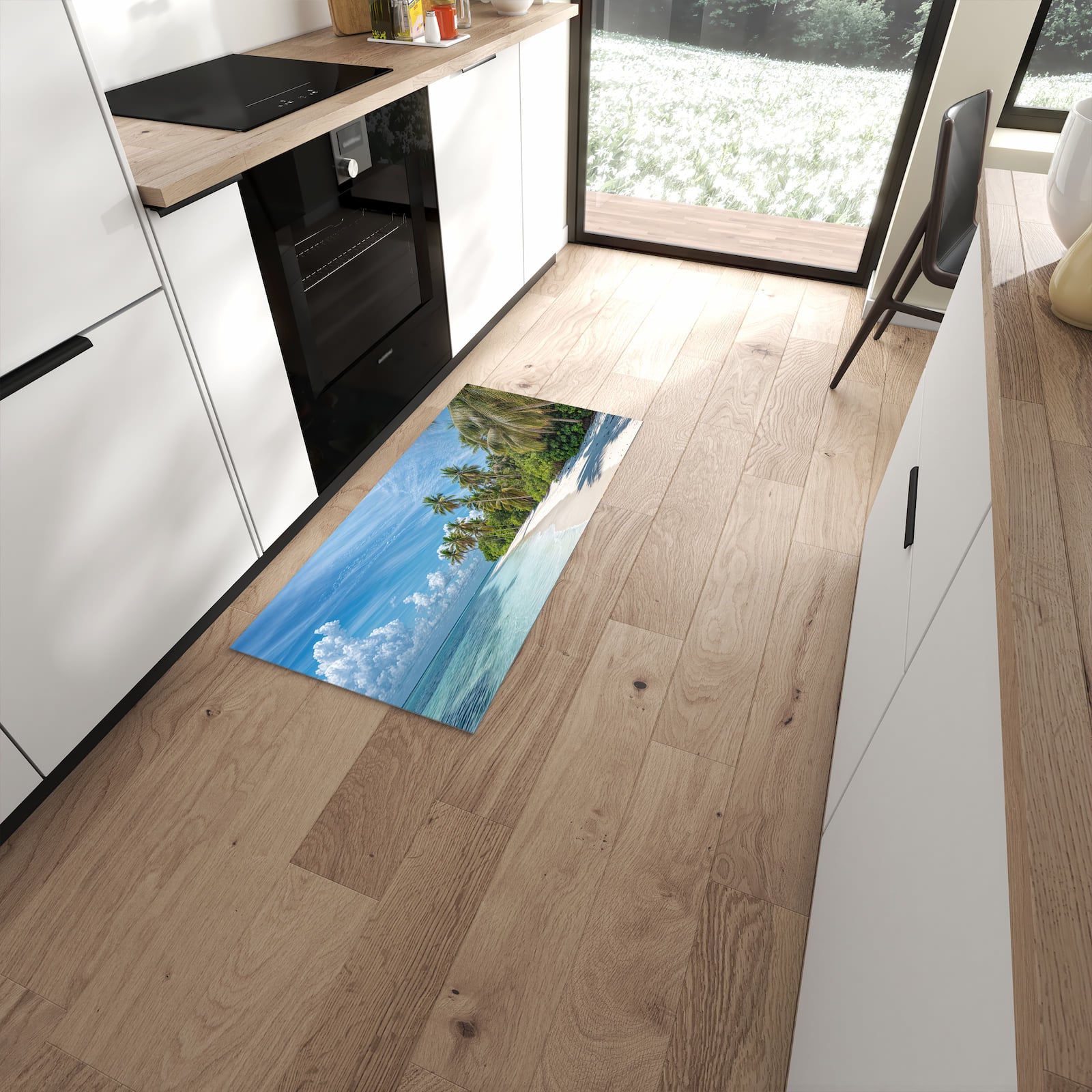 Komfortabler waschbarer Küchenteppich mit Motiv Strand von Tropischer in moderner Küche #grösse_60 x 120 cm