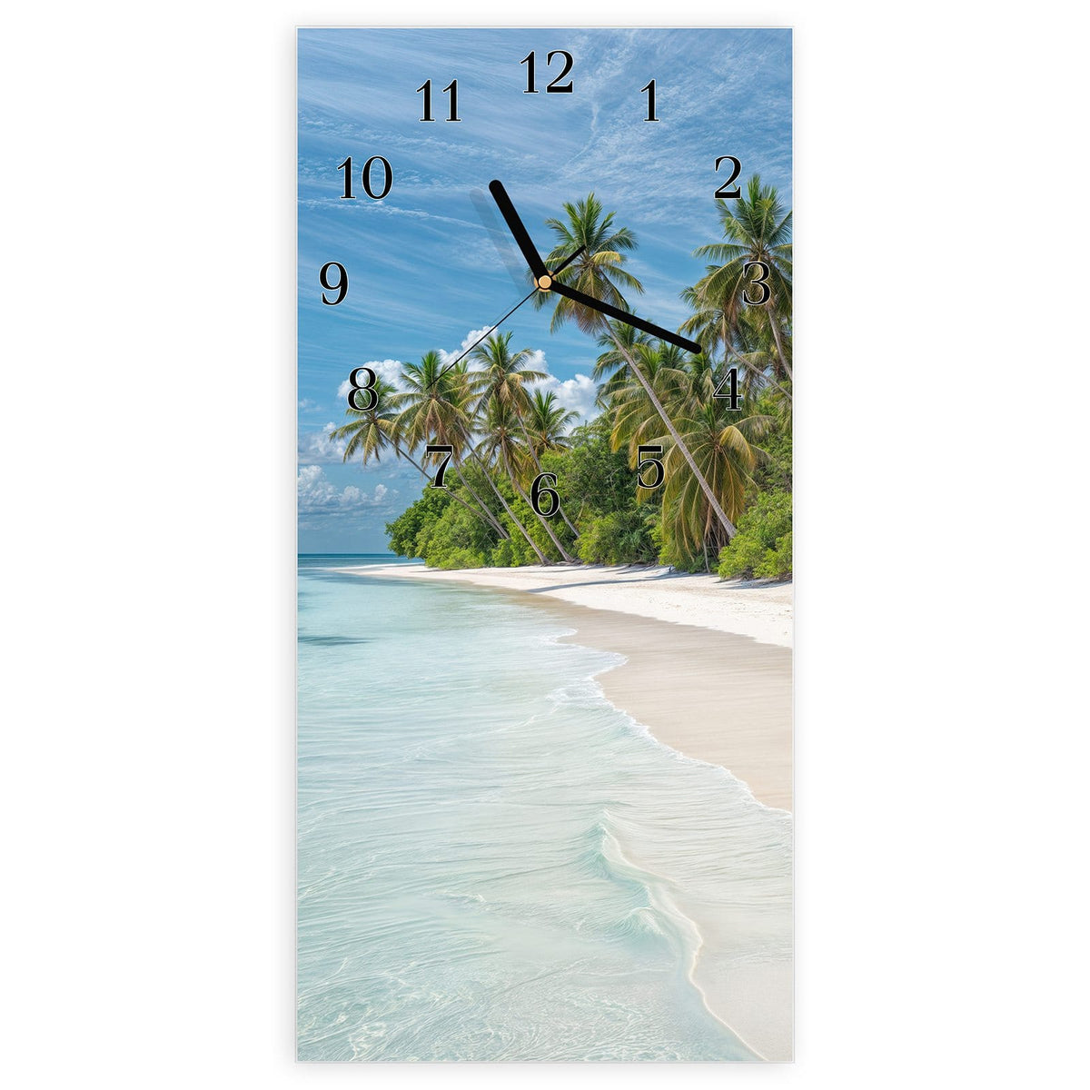 Wanduhr aus Glas, Ziffernblatt Klassisch mit Motiv Palmen am Traumstrand: Palmenreihe an weißem Sandstrand mit türkisem, flachem Wasser #ziffernblatt_Klassisch
