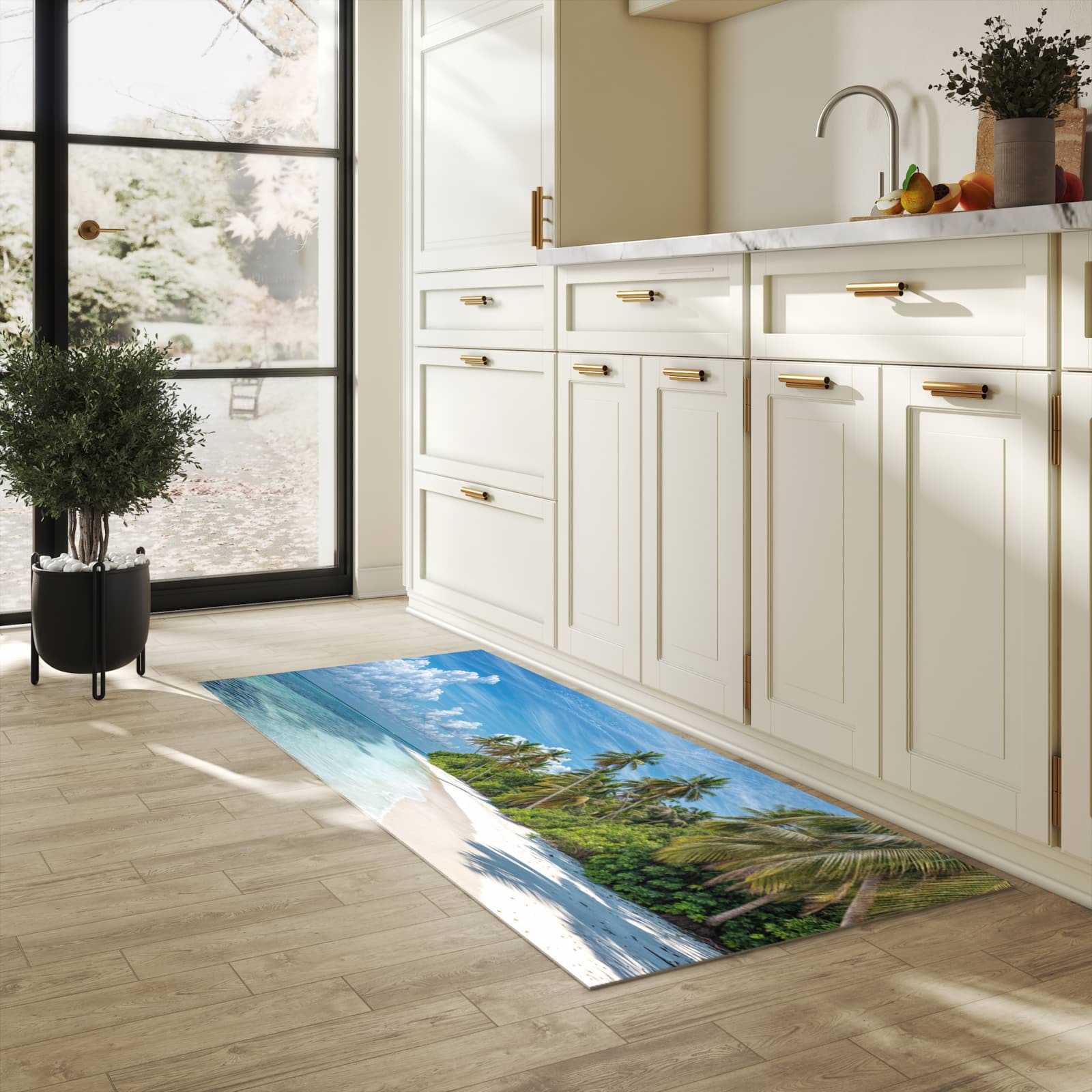 Zeitsparender Küchenläufer mit Motiv Strand von Tropischer in heller Küche
