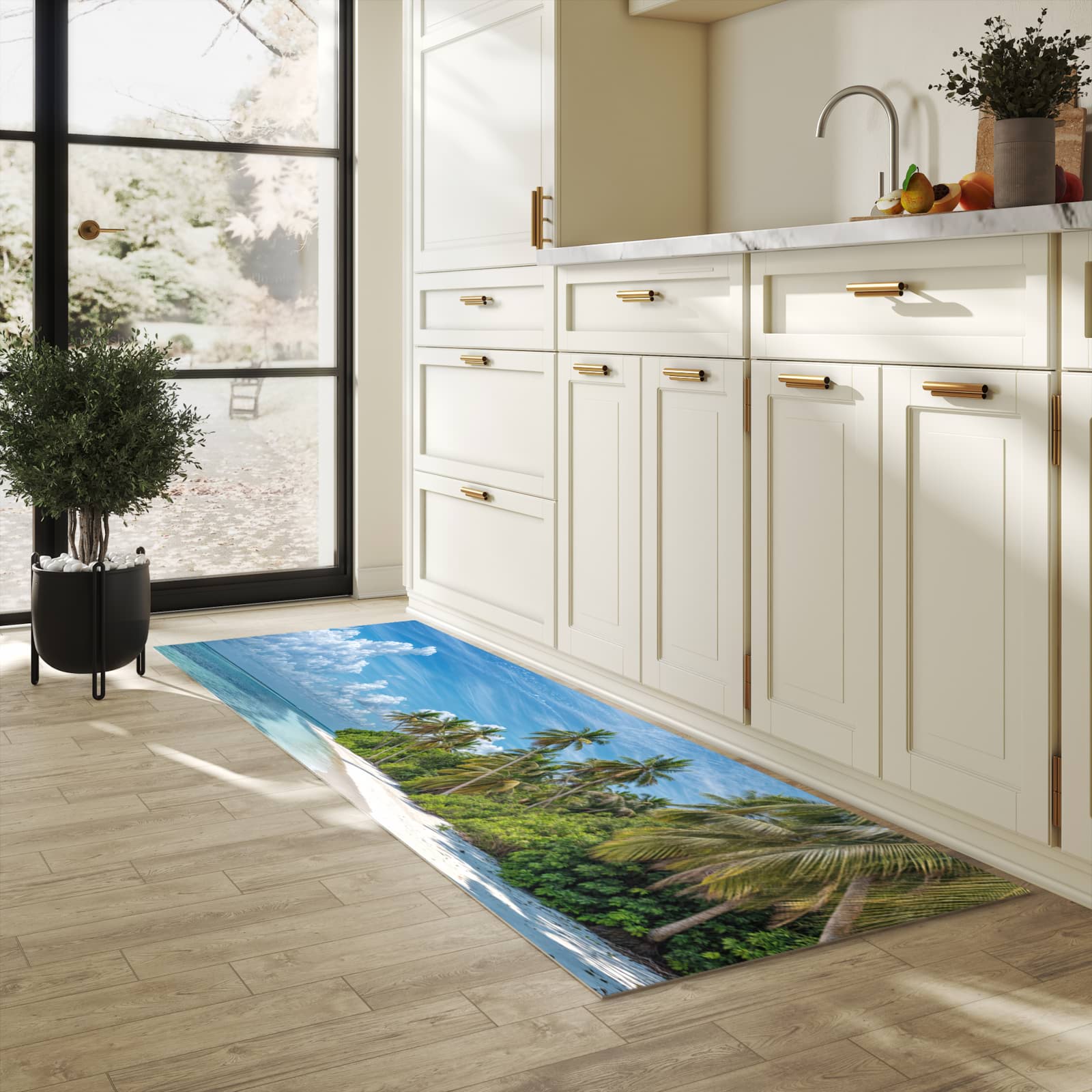 Geräuschdämpfender waschbarer Küchenläufer mit Motiv Strand von Tropischer in heller Küche
