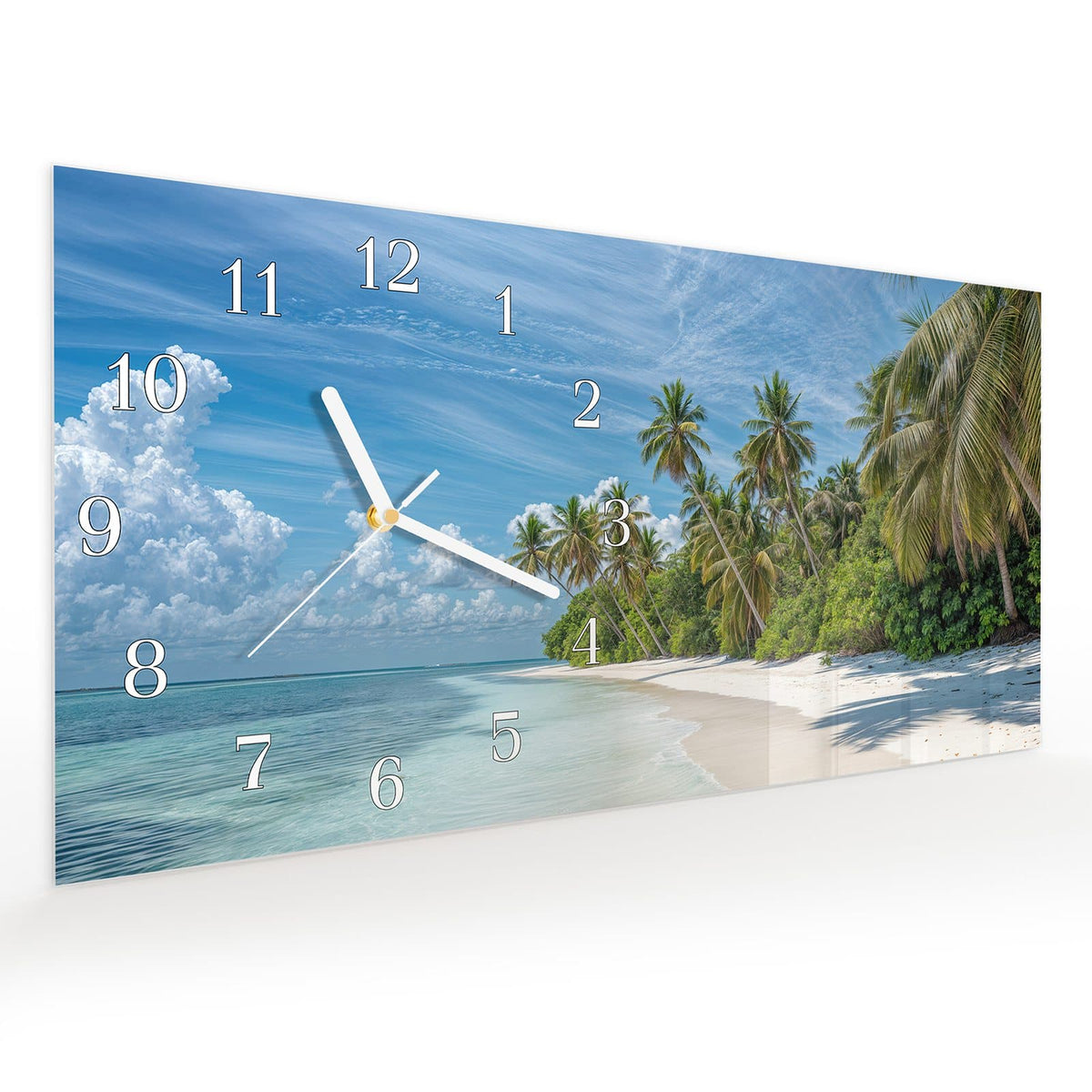 Vormontiert – mit Schwebeeffekt – Wanduhr Palmen am Traumstrand aus Glas – Querformat 60 × 30 cm