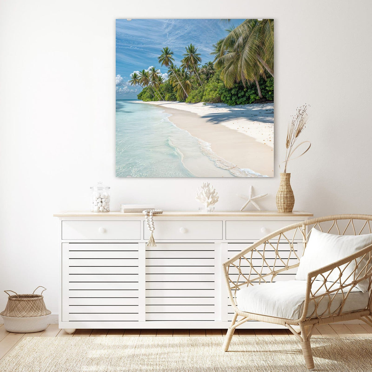 Echtglas, 4 mm – kein Acryl, keine Folie – Wandbild - Palmen am Traumstrand - Quadratisch