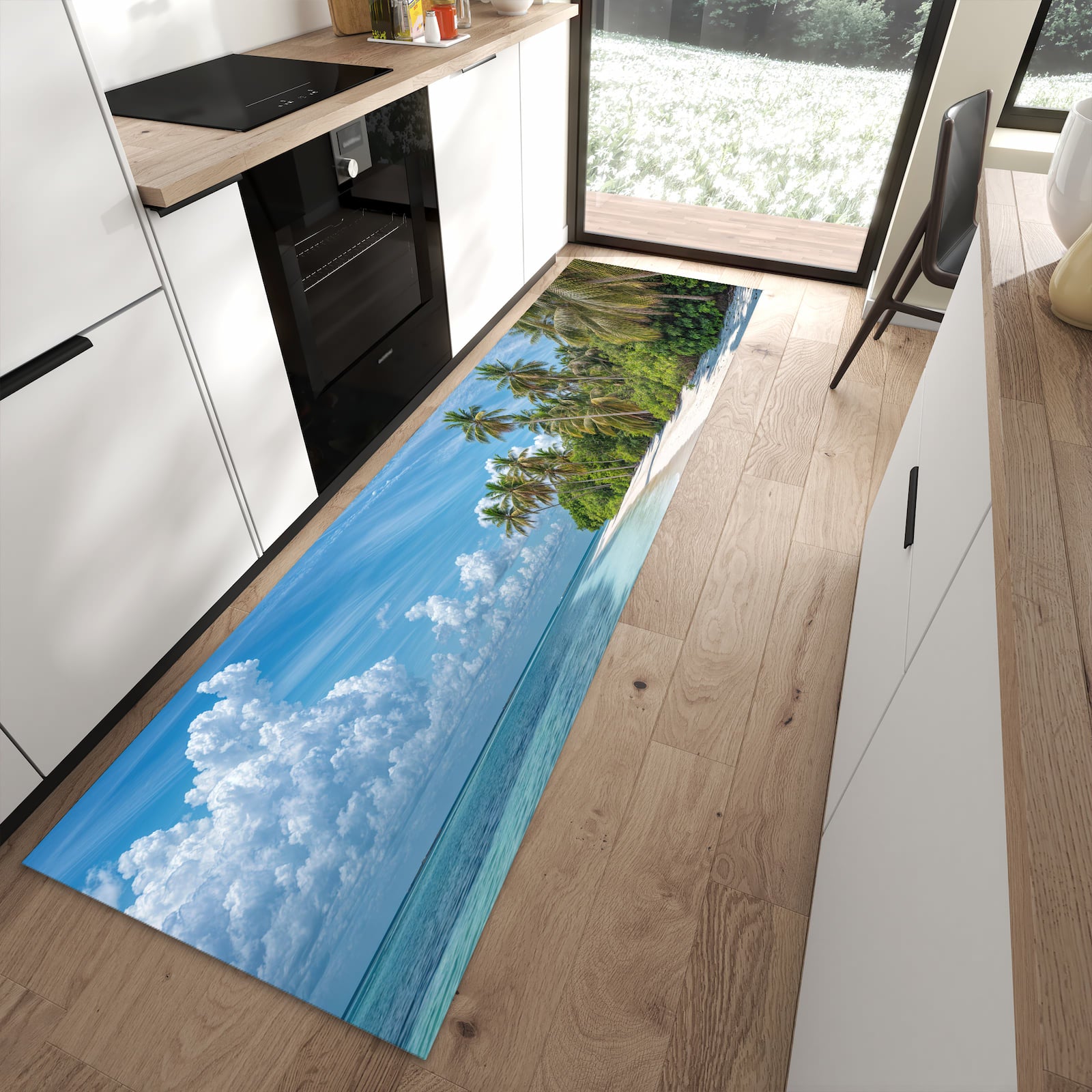 Feuchtigkeitsresistenter rutschfester Küchenläufer mit Motiv Strand von Tropischer in moderner Küche