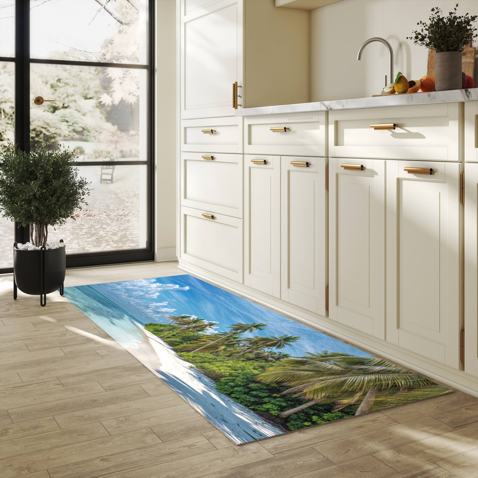 Wasserabweisender waschbarer Küchenläufer mit Motiv Strand von Tropischer in heller Küche