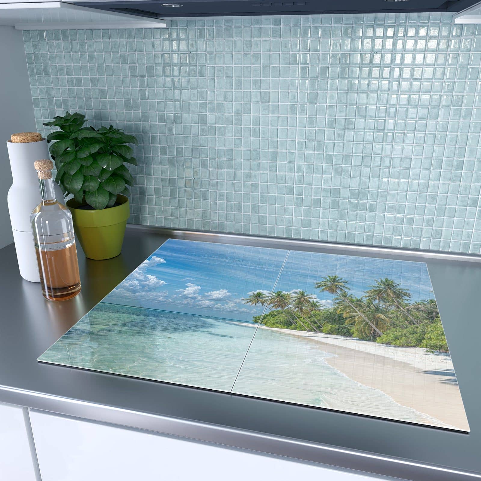 2-teilige Herdabdeckplatten aus Glas mit Palmen am Traumstrand-Motiv auf dem Ceranfeld