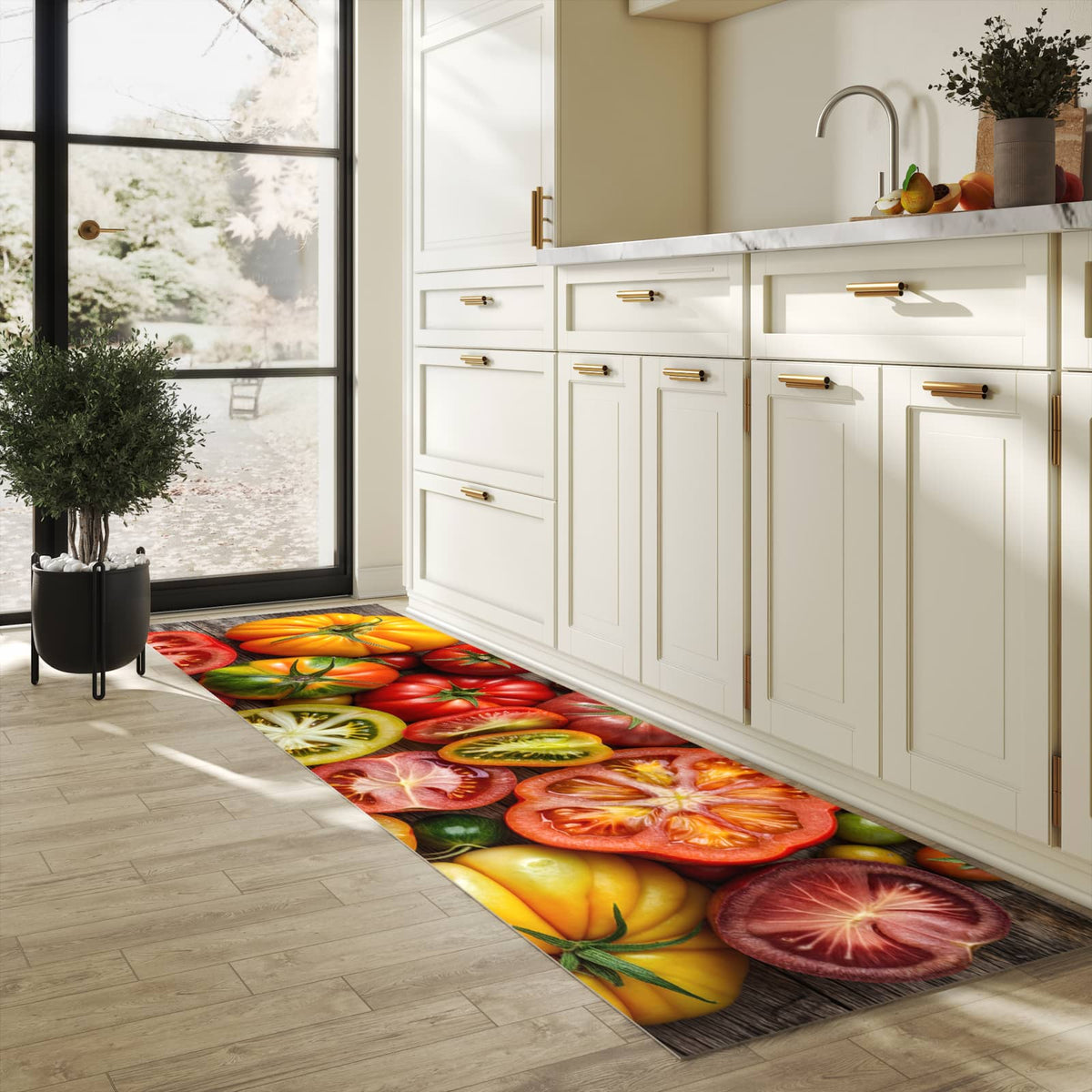 Bodenschonender rutschfester Küchenteppich mit Motiv Verschiedene Tomaten in heller Küche