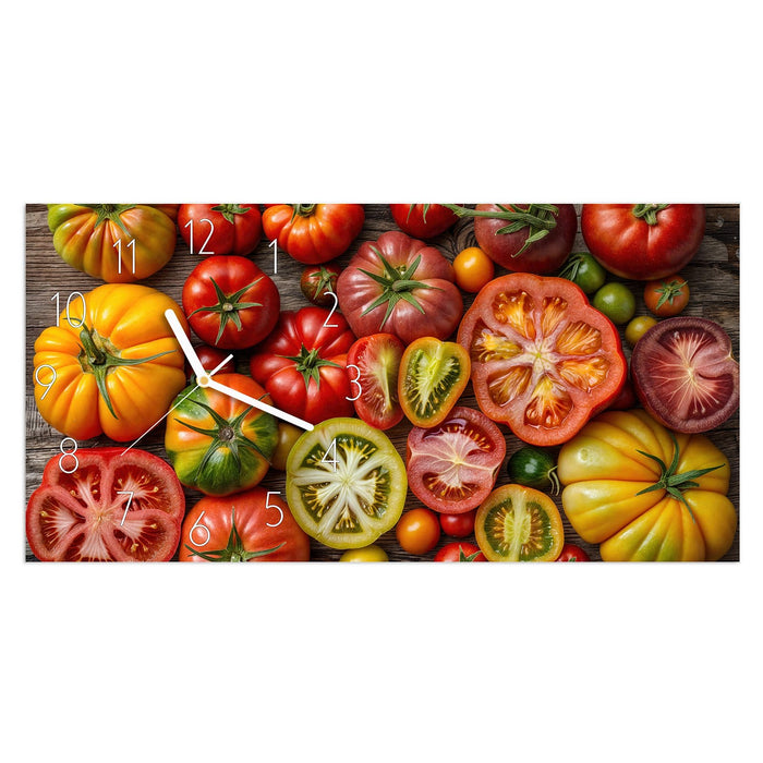 Wanduhr Verschiedene Tomaten aus Glas – Querformat 60 × 30 cm mit Ziffernblatt Elegant