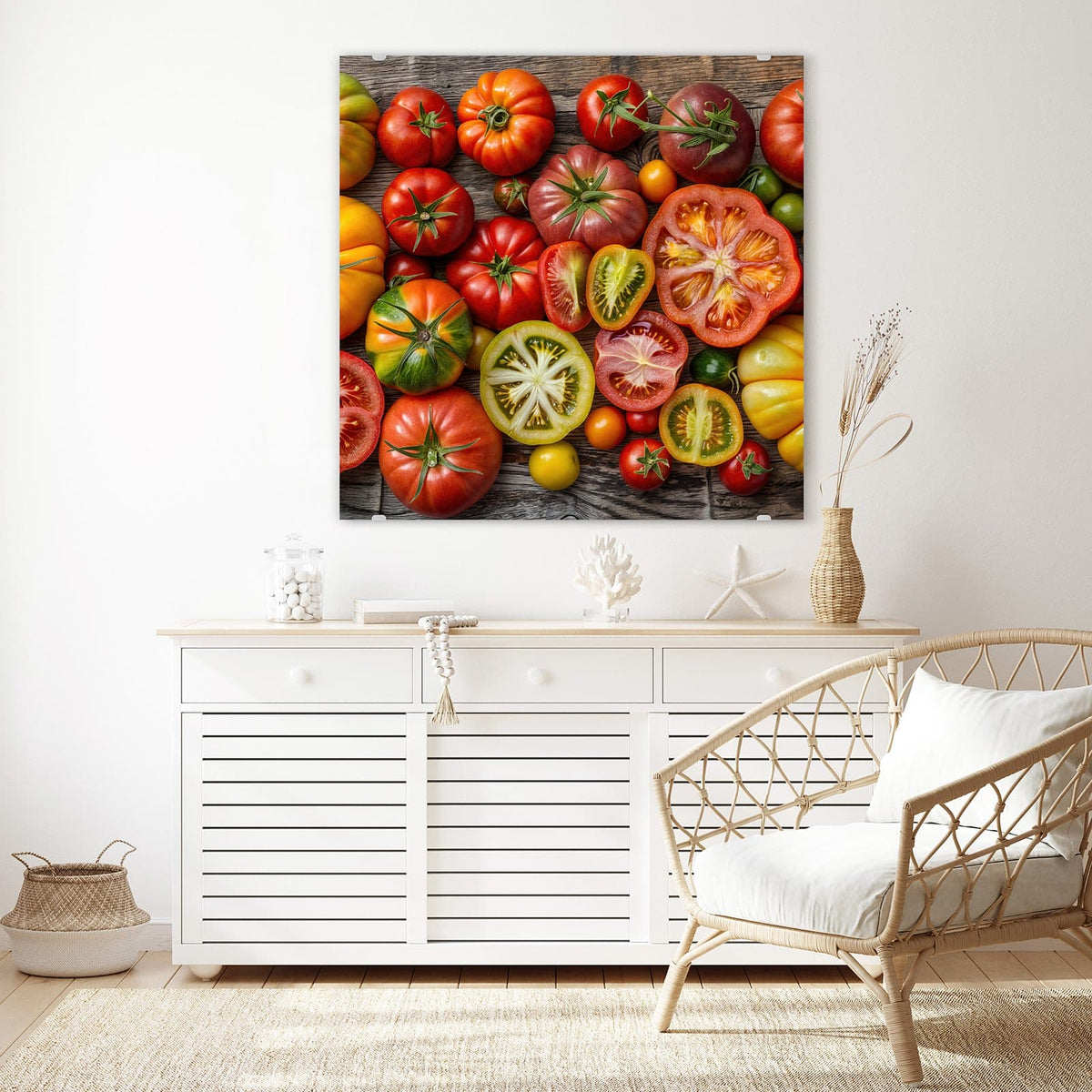 Echtglas, 4 mm – kein Acryl, keine Folie – Wandbild - Bunte Tomatensorten - Quadratisch