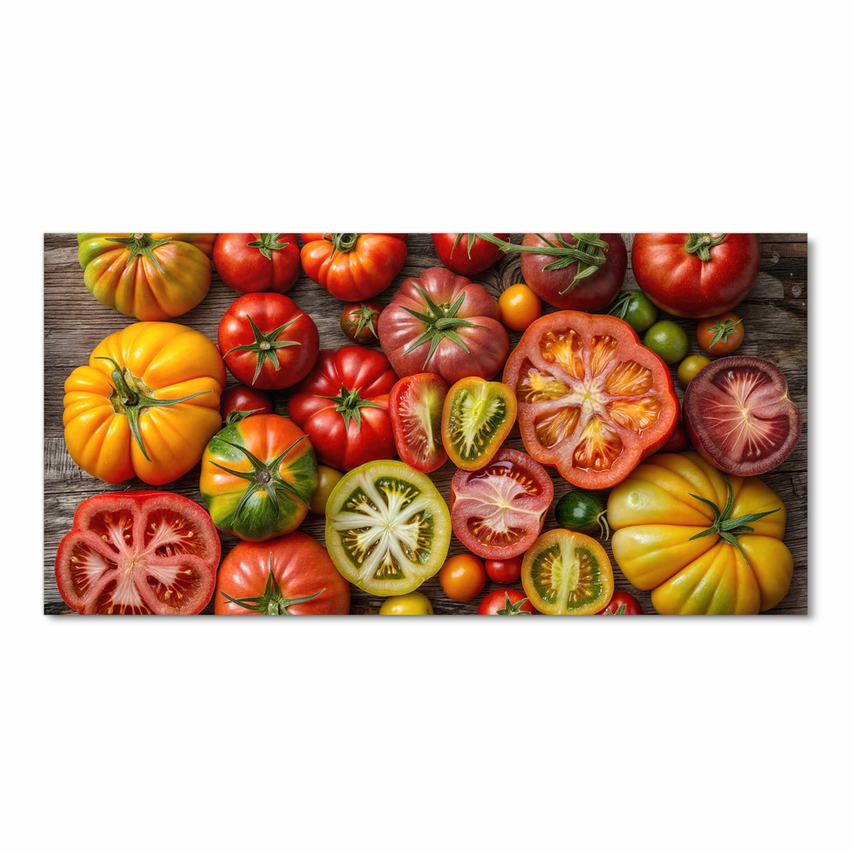 Waschbarer Teppich für Esstisch mit Motiv Verschiedene Tomaten in Frontansicht sicher aufbewahrt