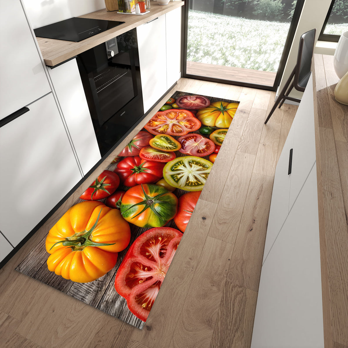Wasserabweisender Küchenläufer mit Motiv Verschiedene Tomaten in moderner Küche