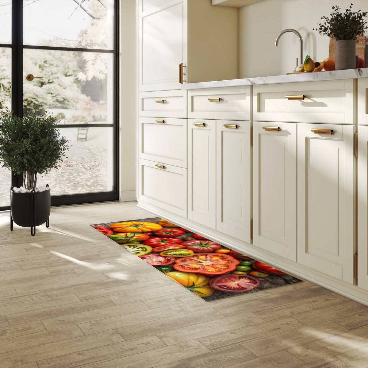 Hygienischer Teppich fürs Esszimmer mit Motiv Verschiedene Tomaten in heller Küche
