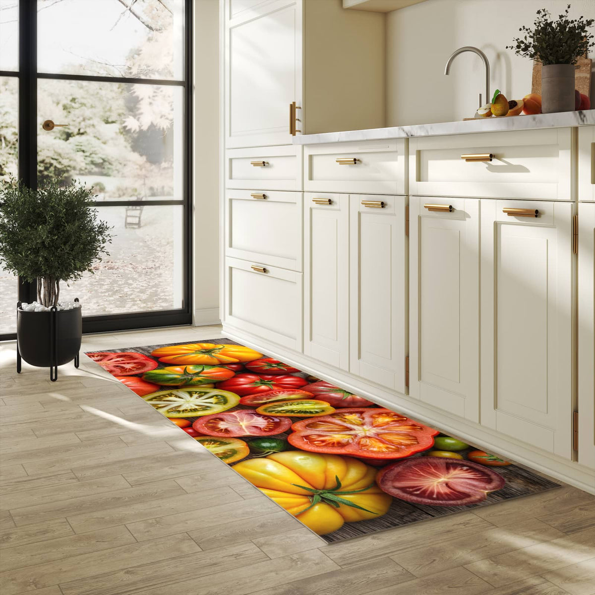 Bodenschonender Küchenteppich mit Motiv Verschiedene Tomaten in heller Küche