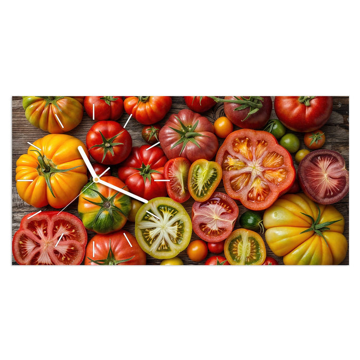 Wanduhr Verschiedene Tomaten aus Glas – Querformat 60 × 30 cm mit Ziffernblatt Linie