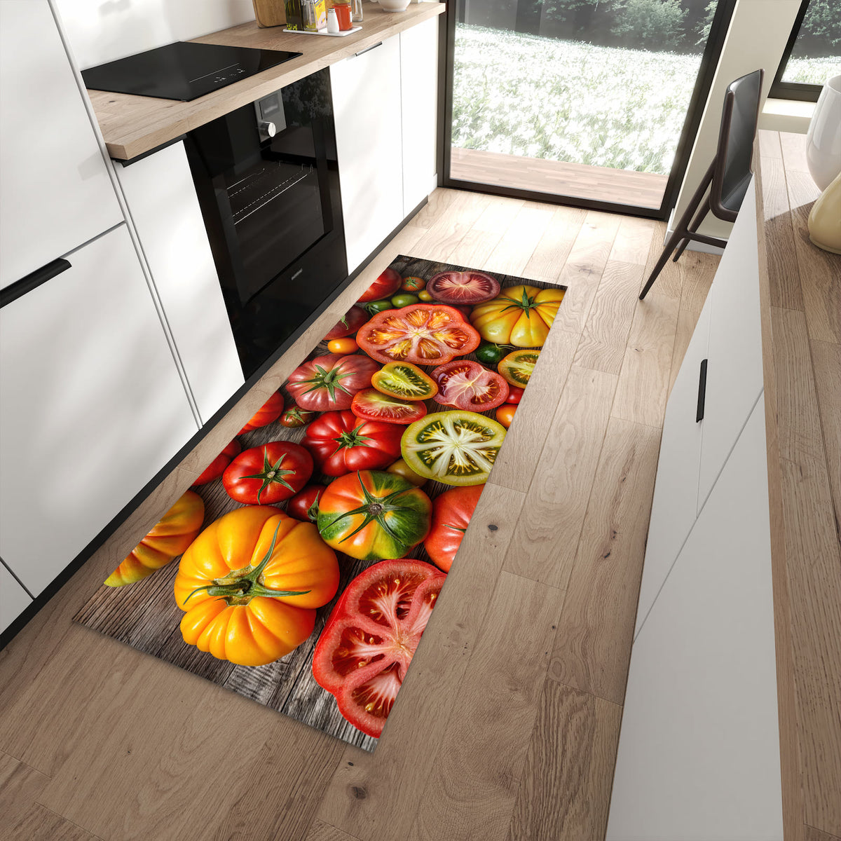 Komfortabler Küchenläufer mit Motiv Verschiedene Tomaten in moderner Küche