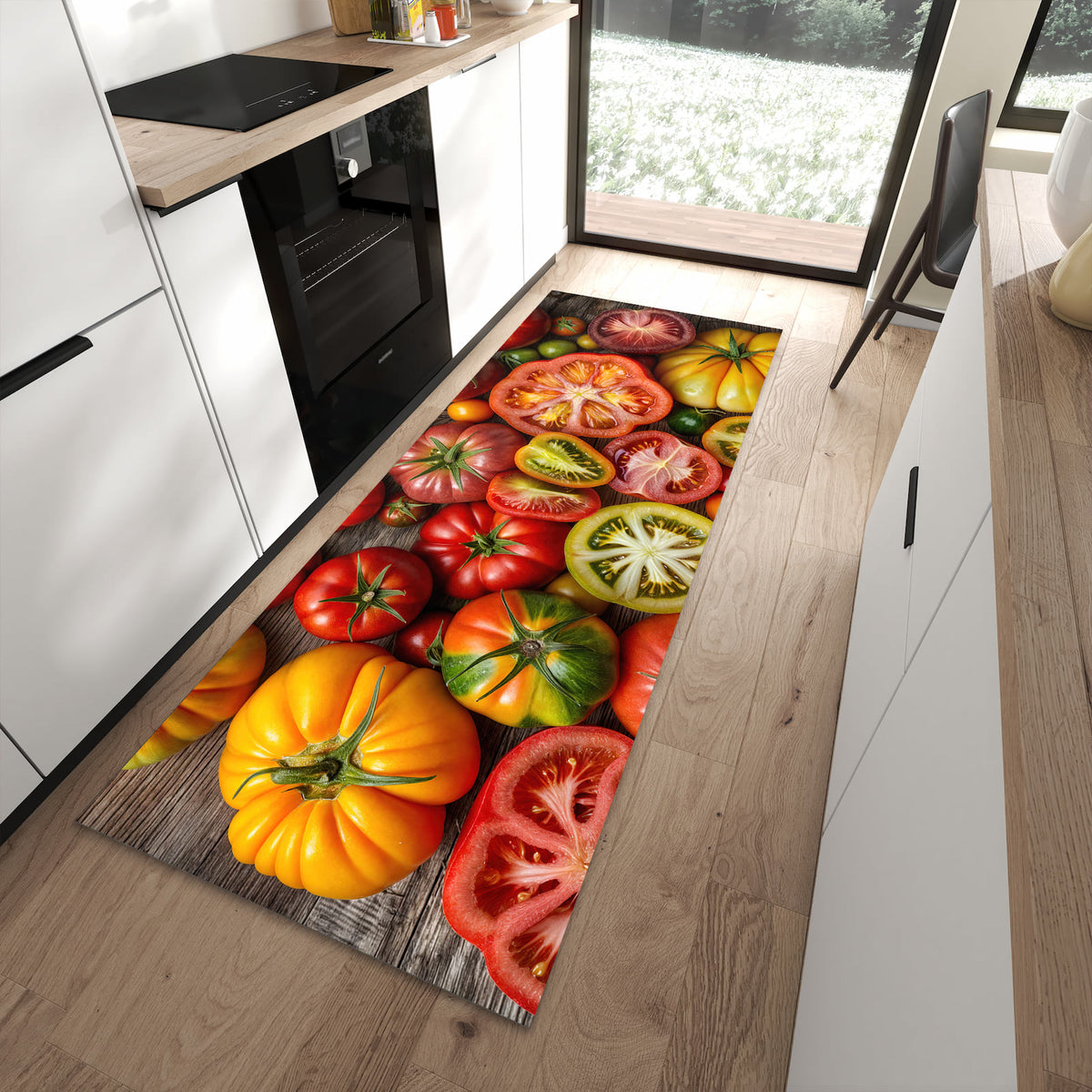 Langlebiger Küchenteppich mit Motiv Verschiedene Tomaten in moderner Küche