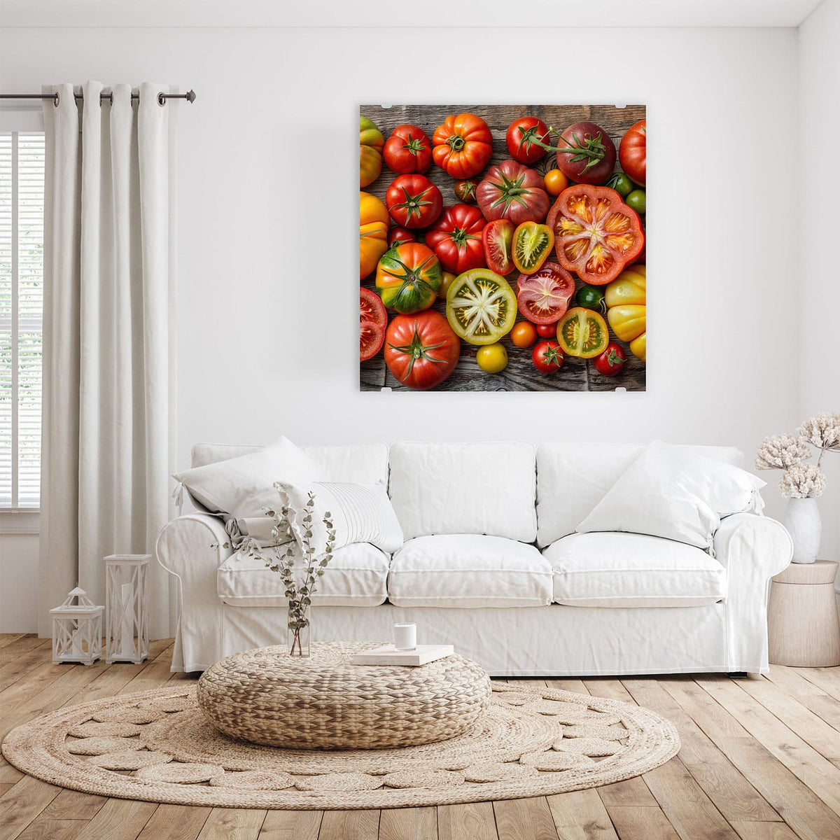 Viele Tomatensorten in Rot, Gelb, Grün und Braun, teils halbiert, dicht an dicht auf grauem Holz.