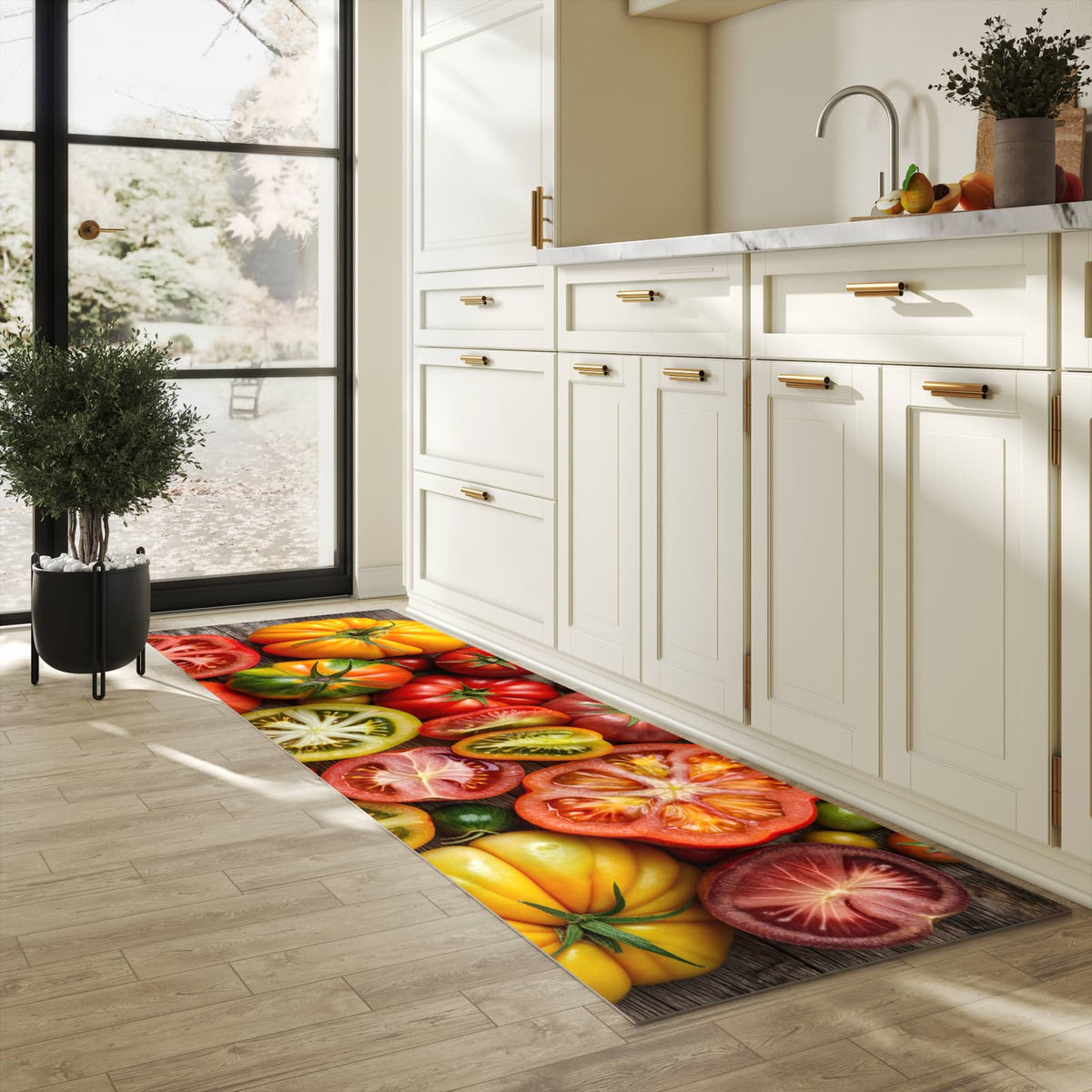 Küchenteppich mit Motiv Verschiedene Tomaten für Ordnung & Übersicht in heller Küche