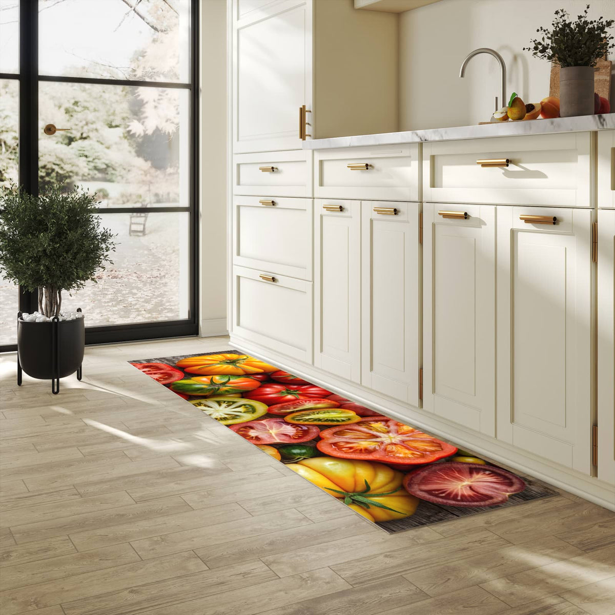 Strapazierfähiger Teppich für Esstisch mit Motiv Verschiedene Tomaten in heller Küche