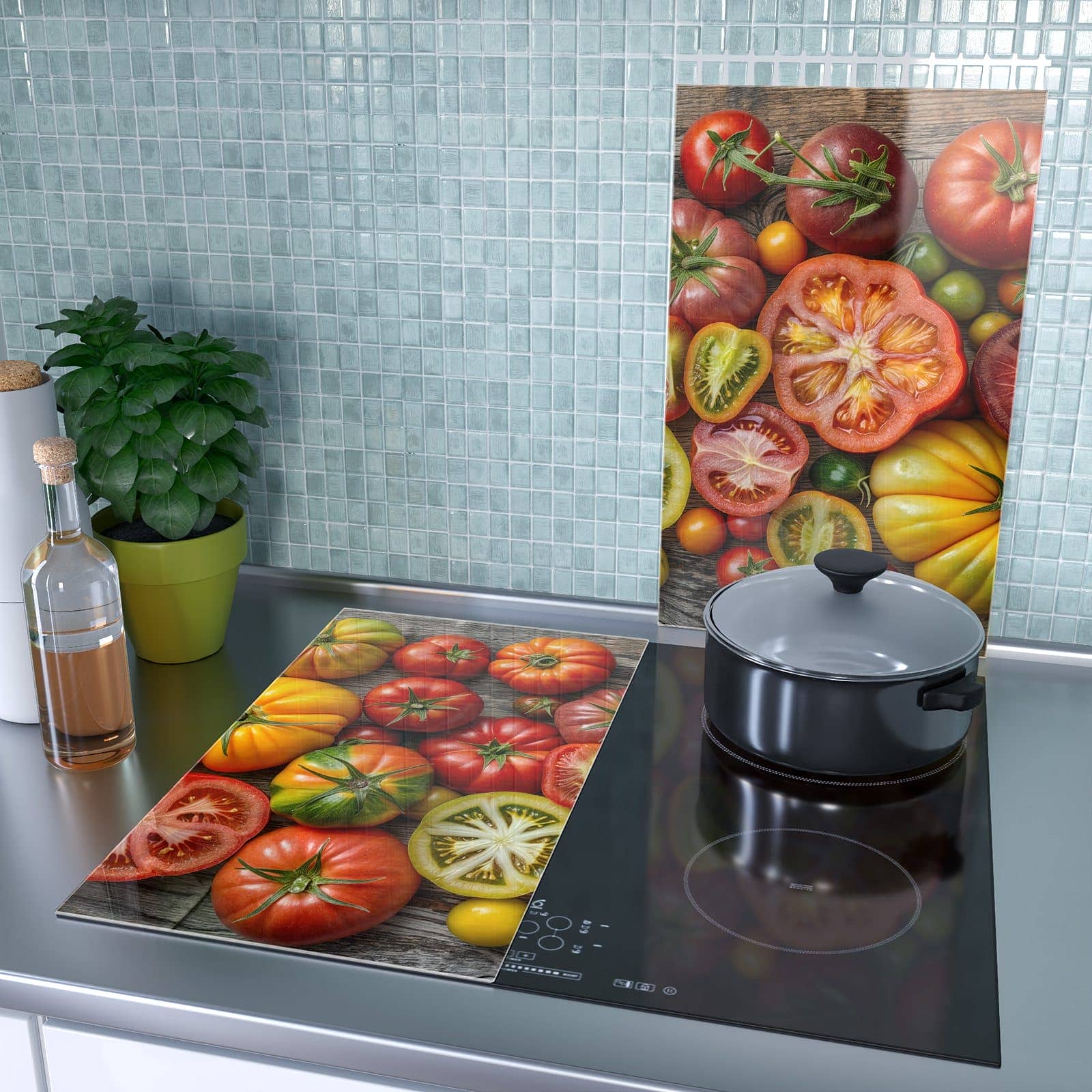 2-teilige Herdabdeckplatte aus Glas mit Verschiedene Tomaten-Motiv als Spritzschutz hinter dem Kochfeld