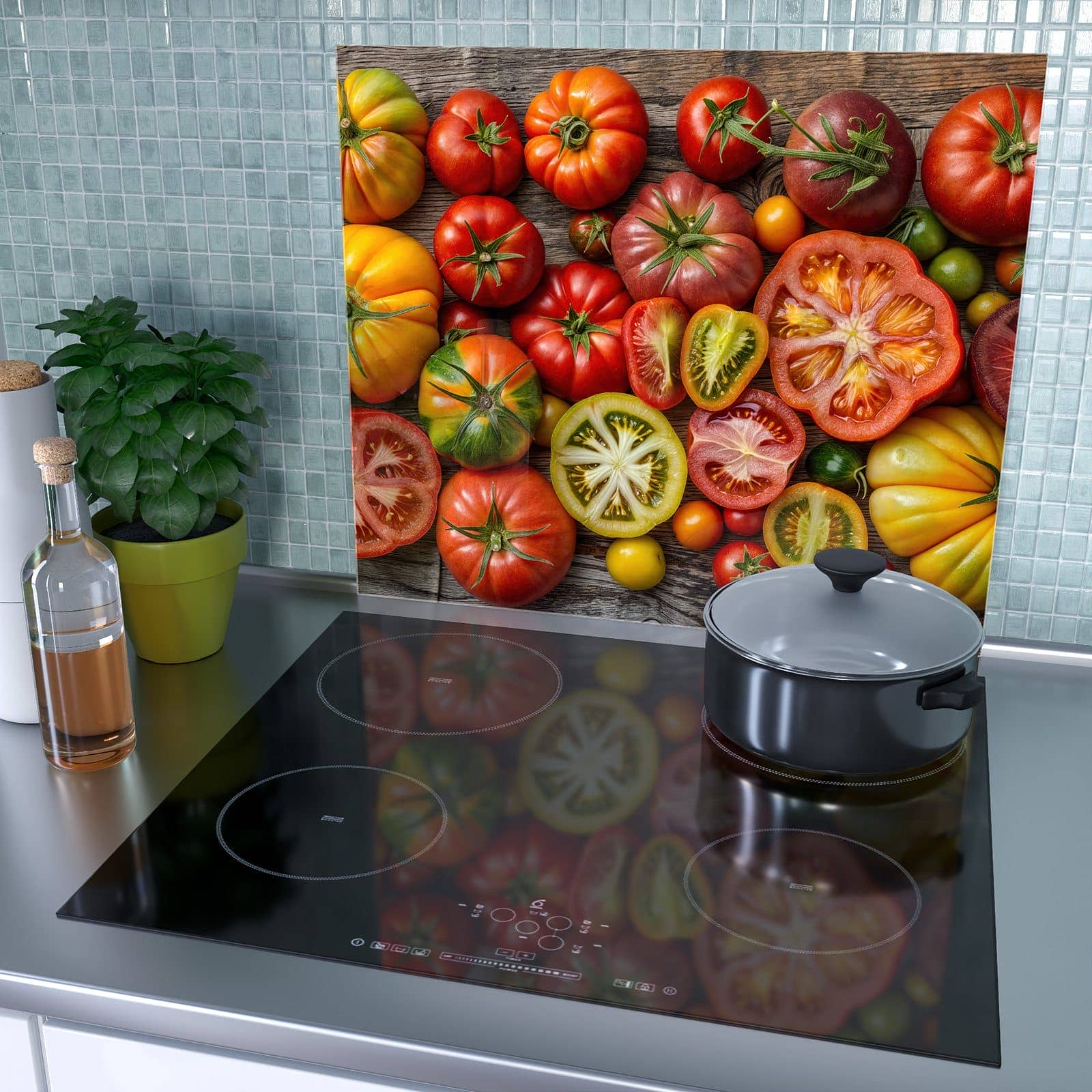 1-teilige Herdabdeckplatte mit Verschiedene Tomaten-Motiv als Spritzschutz hinter dem Kochfeld