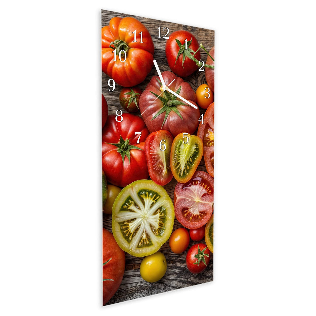 Vormontiert – mit Schwebeeffekt – Wanduhr Verschiedene Tomaten aus Glas – Hochformat 30 × 60 cm