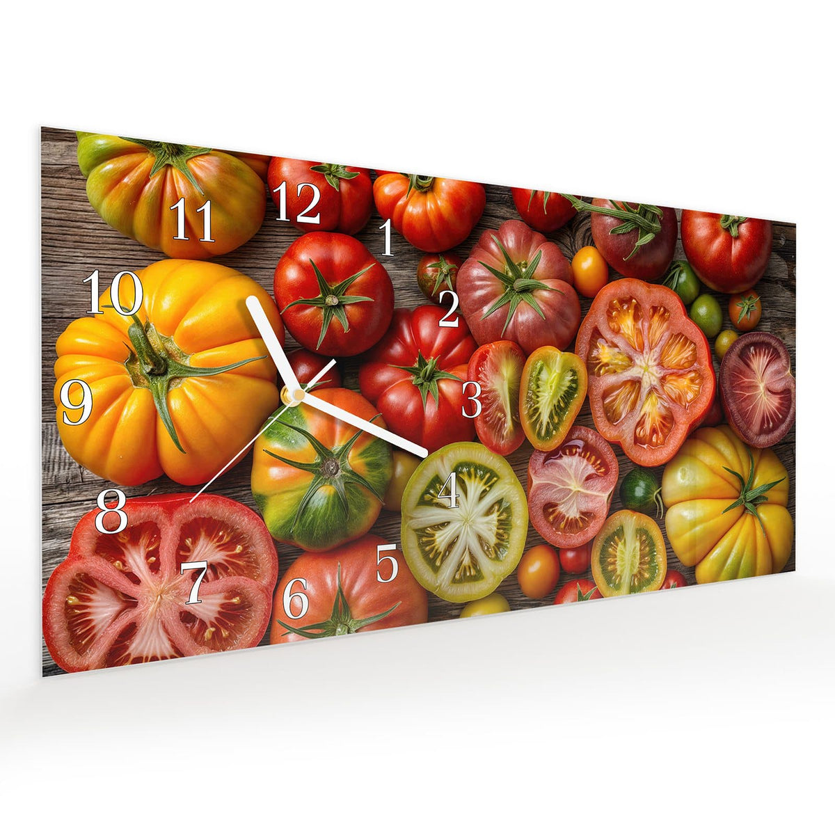 Vormontiert – mit Schwebeeffekt – Wanduhr Verschiedene Tomaten aus Glas – Querformat 60 × 30 cm