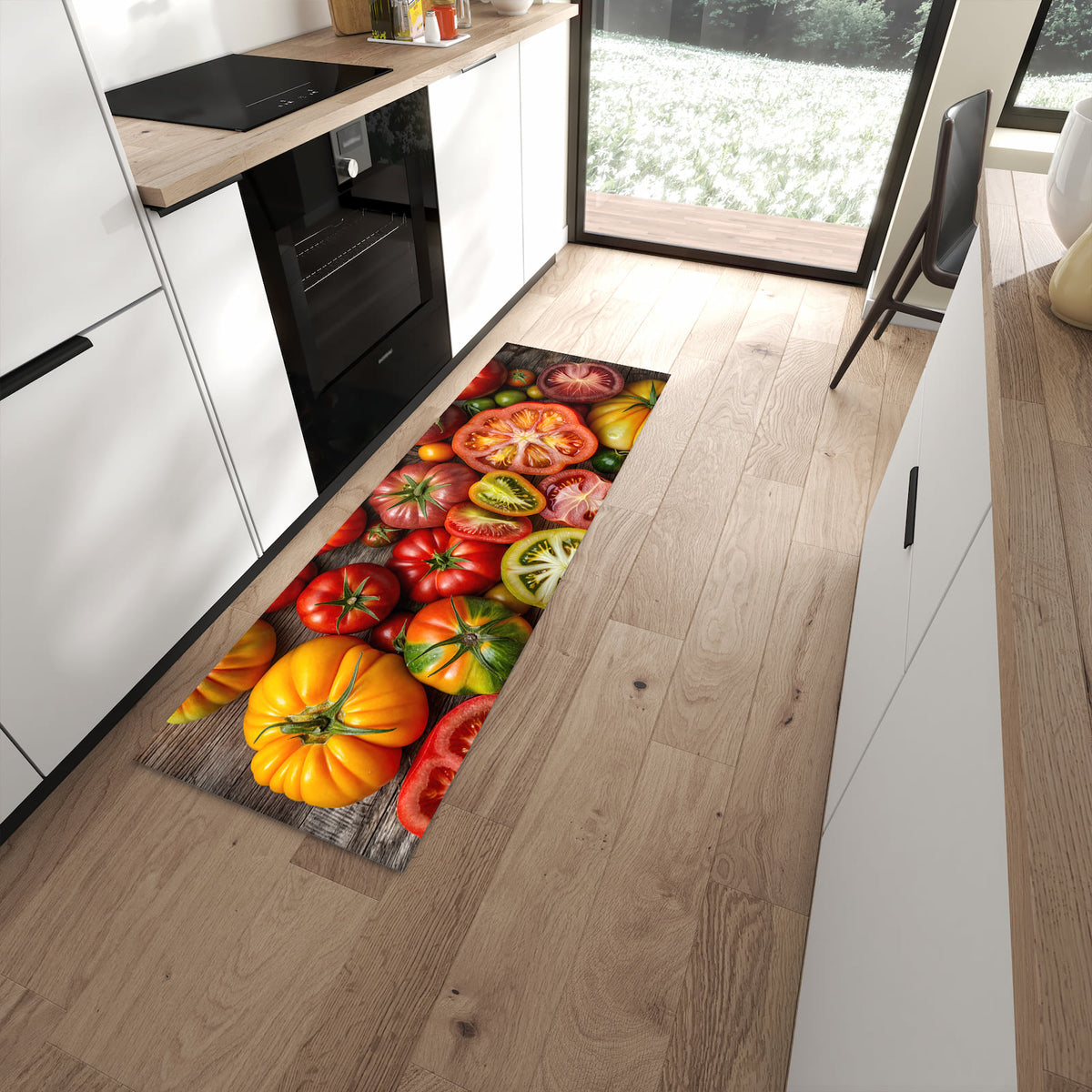 Waschbarer Küchenläufer mit Motiv Verschiedene Tomaten in moderner Küche für sicheres Aufbewahren