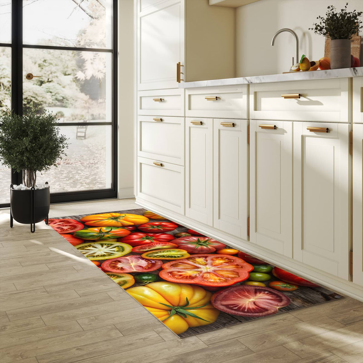 Formstabiler waschbarer Küchenteppich mit Motiv Verschiedene Tomaten in heller Küche