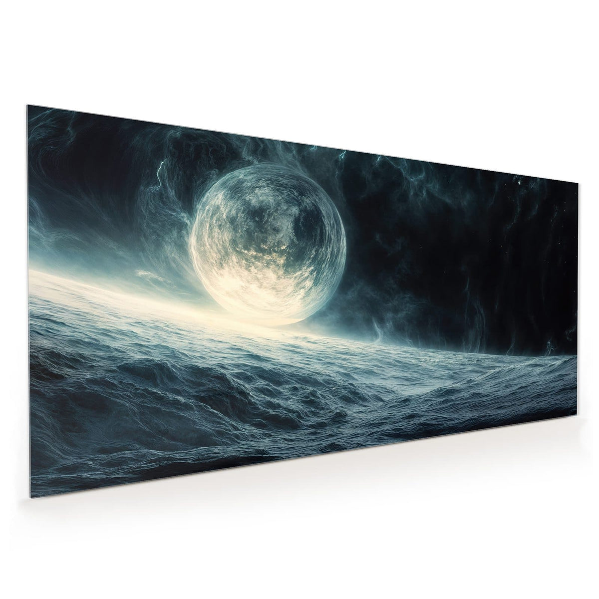 Küchenrückwand aus Glas im Hochformat: Riesiger Mond über einem dunklen, aufgewühlten Meer, kalte Blau- und Türkistöne