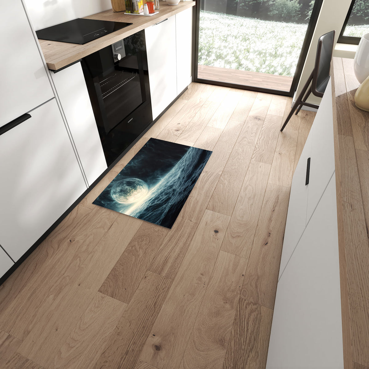 Waschbarer großer Küchenteppich mit Motiv Sterne im Kosmos in moderner Küche