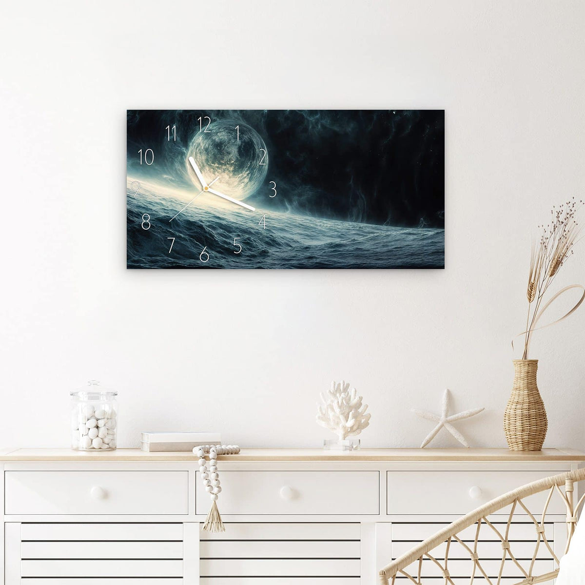 Wanduhr Sterne im Kosmos aus Glas – Querformat 60 × 30 cm – Galaxie in Blau, Grün und Violett