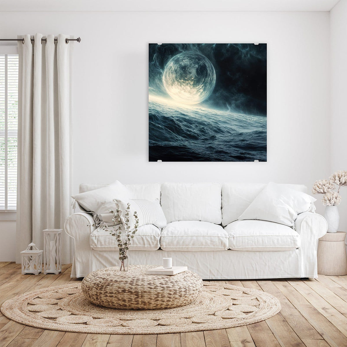Glasbild Mond über dem Meer an der Wand – Riesiger Mond über einem dunklen, aufgewühlten Meer, kalte Blau- und Türkistöne