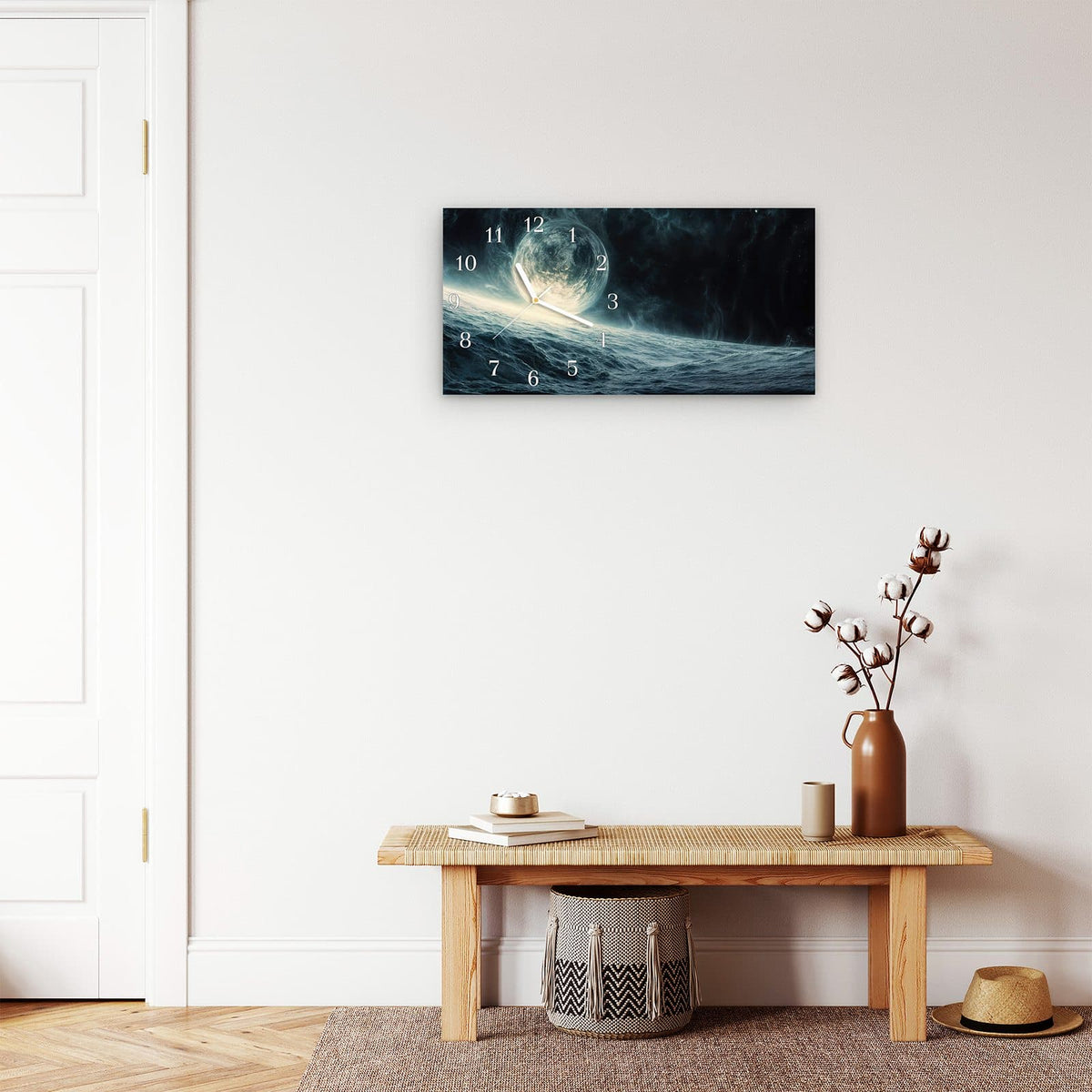 Moderne Wanduhr aus Glas mit Farbtiefe – Wanduhr Sterne im Kosmos aus Glas – Querformat 60 × 30 cm