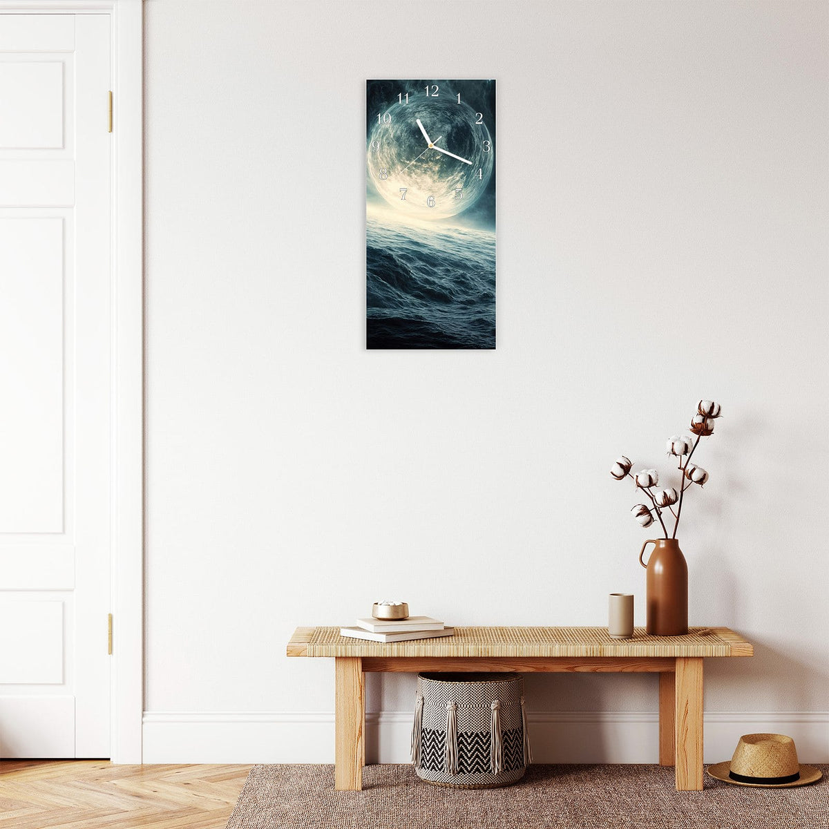 Moderne Wanduhr aus Glas mit Farbtiefe – Wanduhr Sterne im Kosmos aus Glas – Hochformat 30 × 60 cm